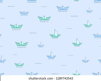 Paper ship on water waves seamless pattern. Blue sketch origami ships, boats, cute doodle baby elements. Sea, delivery concept. Childish background. Hand drown design for boys. Vector illustration