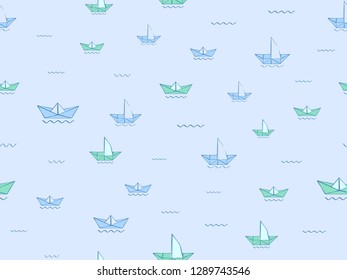 Paper ship on water waves seamless pattern. Blue sketch origami ships, boats, cute doodle baby elements. Sea, delivery concept. Childish background. Hand drown design for boys. Vector illustration
