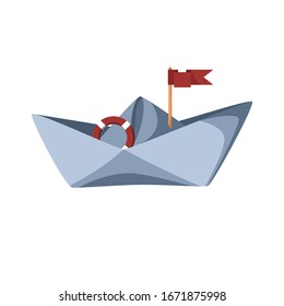 Paper ship with a red flag. Vector illustration in cartoon flat style isolated on white background.