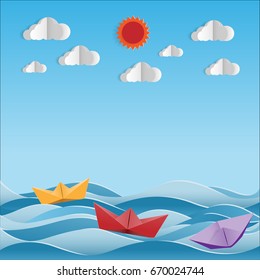 paper ship smaller boats through rough waters, vector illustration