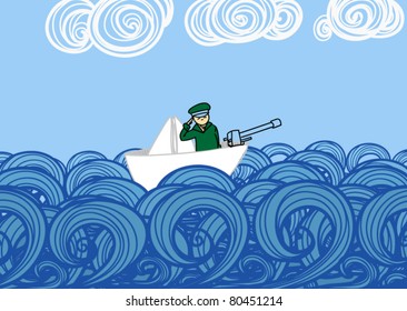 Papierschiff mit auf Wellen schwimmenden Soldaten