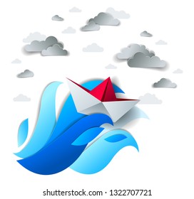 Paper ship swimming in big sea waves, origami folded toy boat fights for survival in the ocean in stormy weather and tsunami waves, vector illustration. 