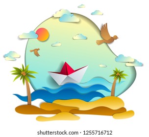 Paper ship swimming in sea waves with beautiful beach and palms, origami folded toy boat floating in the ocean with beautiful scenic seascape with birds and clouds in the sky, vector.