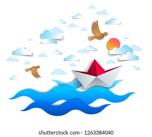 Paper ship swimming in sea waves, origami folded toy boat floating in the ocean with beautiful scenic seascape with birds and clouds in the sky, vector illustration. 