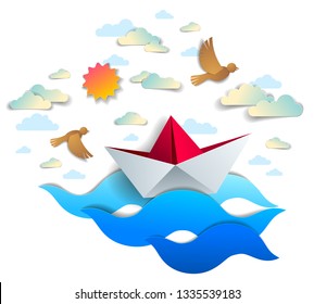 Paper ship swimming in sea waves, origami folded toy boat floating in the ocean with beautiful scenic seascape with birds and clouds in the sky, vector illustration. 