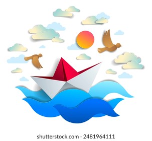 Paper ship swimming in sea waves, origami folded toy boat floating in the ocean with beautiful scenic seascape with birds and clouds in the sky, vector illustration. 