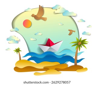 Paper ship swimming in sea waves with beautiful beach and palms, origami folded toy boat floating in the ocean with beautiful scenic seascape with birds and clouds in the sky, vector.