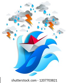 Paper Ship Swimming In Storm With Lightning, Origami Folded Toy Boat Fights For Survival In The Ocean In Thunderstorm And Rainy Weather, Vector Illustration. 