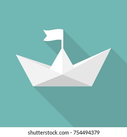 Paper ship. Vector illustration flat design. Isolated on background. Paper white boat. Origami style.