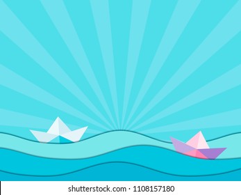 Paper ships and paper waves. Origami. Seascape, rays against the sky. Vector illustration