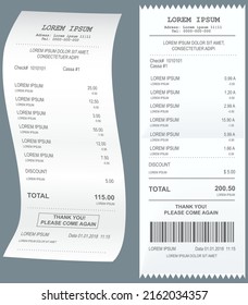 Paper shop receipt with barcode. Vector shop terminal. Receipt seller forms at online checkout for transfer to buyer or client, paper piece. Buying financial invoice bill purchasing calculate pay