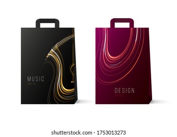 Bolsa de venta de papel con líneas artísticas abstractas formando forma de instrumento musical de cuerda y círculos fluidos de melodía, diseño de plantilla de publicidad