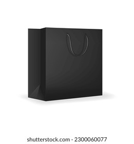 Paper shopping bag with black rope handle mockup. Shop paper paperbag, cardboard shopping bag or boutique purchase packet 3d vector mockup. Isolated store shopper realistic design template or mock up