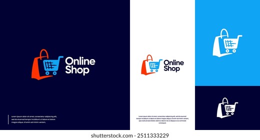 paper shopping bag and shopping cart, online shopping, easy and fast, logo design illustration.