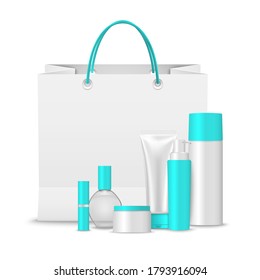 Paper shopping bag with collection of cosmetics in light blue design template