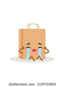 Paper shopping bag emotions crying character. Emoji vector illustration