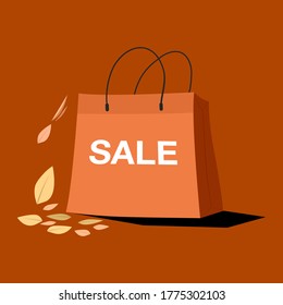 paper shopping bag and fall leaves. autumn sale design concept. vector illustration.