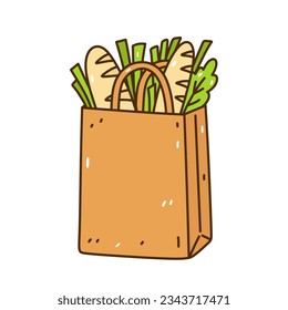 Paper shopping bag with food isolated on white background. Vector hand-drawn illustration in doodle style. Perfect for cards, decorations, logo. Zero waste, ecology concept.