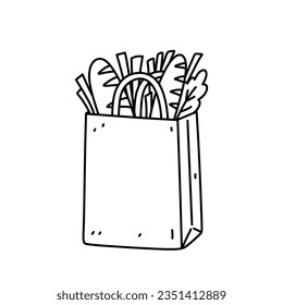 Paper shopping bag with food isolated on white background. Vector hand-drawn illustration in doodle style. Perfect for cards, decorations, logo. Zero waste, ecology concept.