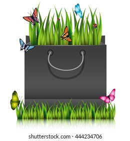 Paper shopping bag with fragment of grass on the lawn peace with butterflies. Vector illustration.