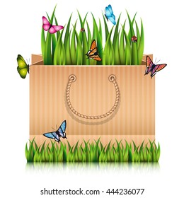 Paper shopping bag with fragment of grass on the lawn peace with butterflies. Vector illustration.