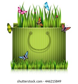 Paper shopping bag with fragment of grass on the lawn peace with butterflies. Vector illustration.