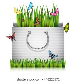 Paper shopping bag with fragment of grass on the lawn peace with butterflies and ladybugs. Vector illustration.