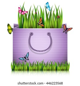 Paper shopping bag with fragment of grass on the lawn peace with butterflies and ladybugs. Vector illustration.