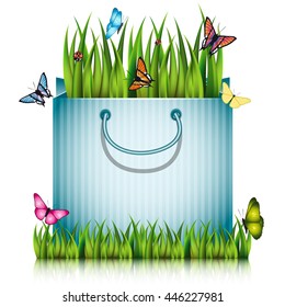 Paper shopping bag with fragment of grass on the lawn peace with butterflies and ladybugs. Vector illustration.