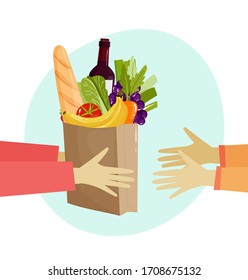 Paper shopping bag with fruits, vegetables, baguette, bread, wine. Vector illustration. Grocery shop delivery and online ordering concept 