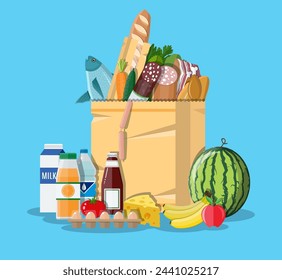 Paper shopping bag full of groceries products. Grocery store. Supermarket. Fresh organic food and drinks. Vector illustration in flat style