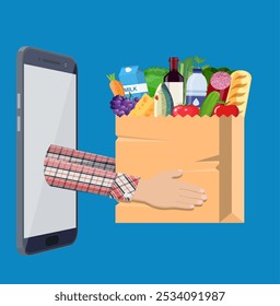 Paper shopping bag full of groceries products and smartphone. Grocery store. Supermarket. Fresh organic food and drinks. Vector illustration in flat style