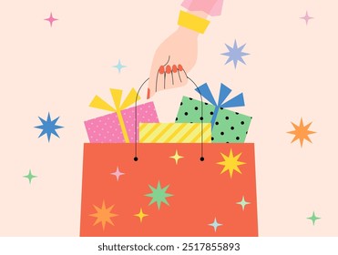 Saco de compras de papel com caixas de presente. Comprar presente para Natal e Ano Novo conceito de celebração ideal para celebrações e temas de presentes. Saco de compras cheio de caixa de presente de Natal