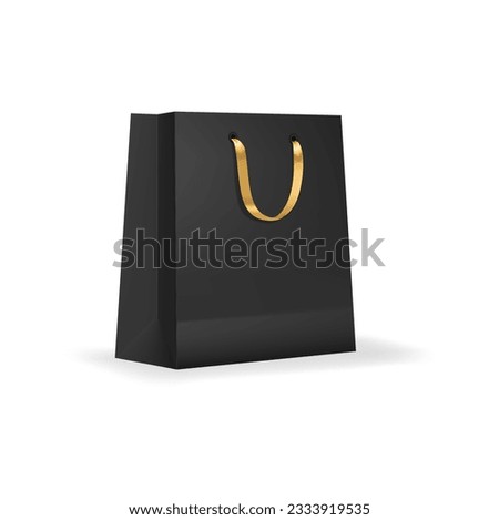 Paper shopping bag with golden ribbon handle mockup. Boutique cardboard packaging, shop paper packet or isolated shopping package 3d vector mock up. Retail purchase bag realistic template or mockup