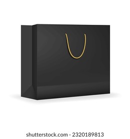 Paper shopping bag with golden rope handles mockup. Shop paper bag, cardboard shopper or store purchase product package 3d vector design template. Isolated boutique shopping packet realistic mockup