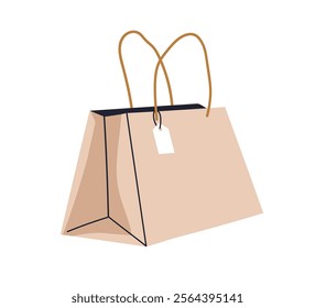 Paper shopping bag with handles. Eco-friendly biodegradable kraft package with tag, label. Plastic-free craft pack for retail purchases, sale. Flat vector illustration isolated on white background