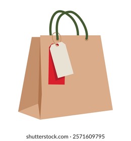 Paper shopping bag with handles. Eco-friendly biodegradable kraft package with tag, label. Plastic-free craft pack for retail purchases, sale. Flat vector illustration isolated on white background