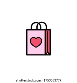 Paper shopping bag with heart icon flat. Love stories symbol. Valentines day concept. Vector on isolated white background. Eps 10.