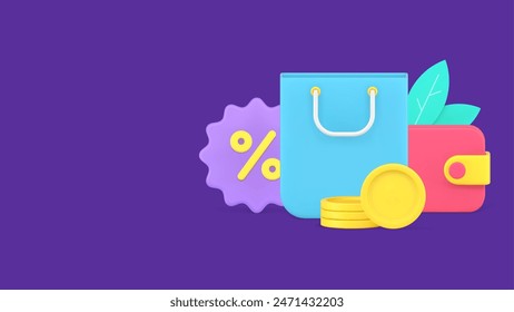 Paper shopping bag holiday seasonal discount, festive sale or black friday with cashback percentage for cash paying 3d icon isometric vector illustration. Concept of shopholism and consumerism, buying