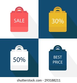 Paper shopping bag icons set. Flat design. Vector illustration 