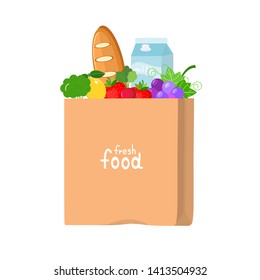 Paper shopping bag isolated on white background. cute paper bag with vegetable , fruit, bread, milk. fresh food vector illustration. hand drawn text " fresh food "