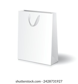 Paper shopping bag mockup. Blank white paper shopping bag or gift bag with white ribbon handles mockup template. Isolated on white background. Ready to use for branding design. Vector illustration.
