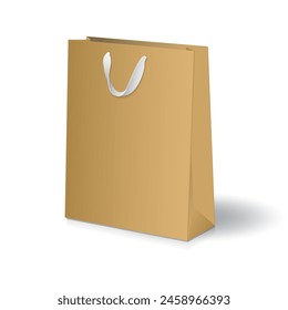 Paper shopping bag mockup. Blank brown kraft paper shopping bag, gift bag with white ribbon handles mockup. Isolated on white background. Ready to use for branding design. Vector illustration.