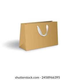 Paper shopping bag mockup. Blank brown kraft paper shopping bag, gift bag with white ribbon handles mockup. Isolated on white background. Ready to use for branding design. Vector illustration.