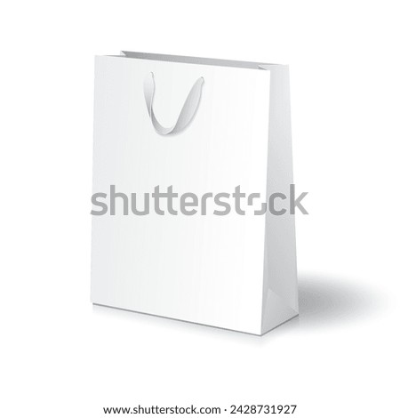 Paper shopping bag mockup. Blank white paper shopping bag or gift bag with white ribbon handles mockup template. Isolated on white background. Ready to use for branding design. Vector illustration.