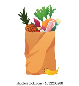 Paper shopping bag products grocery. Vegetables, bread, dairy products, and meat. Grocery supermarket. Fresh healthy produce. Grocery delivery concept
