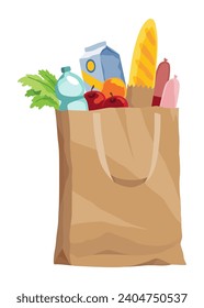 Paper shopping bag products grocery. Different food and beverage products, grocery shopping. Grocery supermarket. Fresh organic food and drinks. Grocery delivery concept