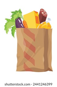 Paper shopping bag products grocery. Different food and beverage products, grocery shopping. Grocery supermarket. Fresh organic food and drinks. Grocery delivery concept