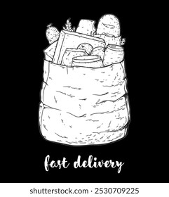Paper shopping bag products grocery hand drawn illustration. Grocery delivery concept. Organic food vector illustration. Grocery shopping. Grocery supermarket.