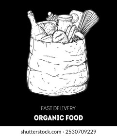 Paper shopping bag products grocery hand drawn sketch illustration. Grocery delivery concept. Organic food vector illustration. Grocery shopping. Grocery supermarket.